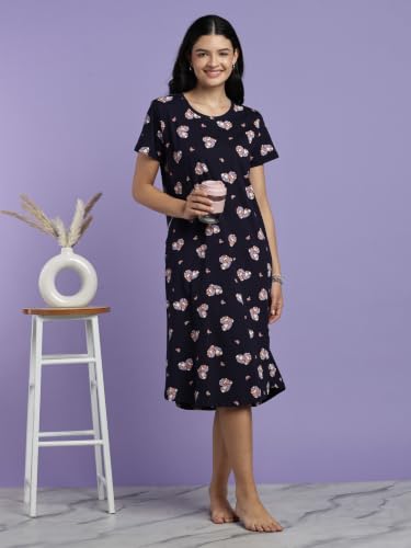 Image of 9shines Label Hosiery Cotton Knee Length Short Night Dress | Short Nighty for Women with Pocket | Graphic Print Nightwear | Night Gown for Women (M-7XL)
