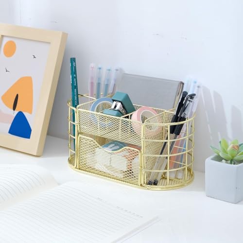 Image of 9 Compartment Metal Desk Organizer & Makeup Storage Holder with Detachable Drawer | Multi-Purpose Stationery, Cosmetic & Office Desk Organizer for Home, Study Table & Vanity (Gold)