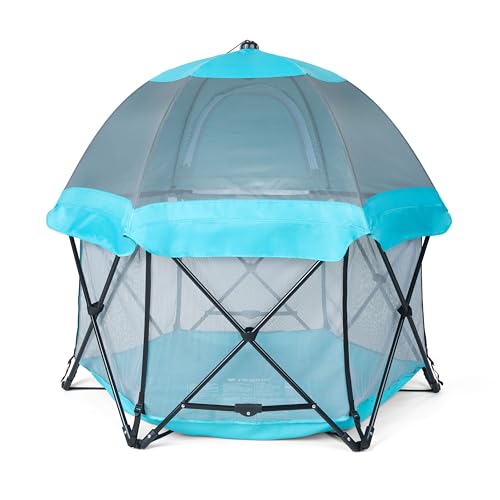 Regalo Safety My Play Deluxe Baby Playpen & Portable Play Yard with Canopy, Foldable 6-Panel Indoor Outdoor Playpen for Babies & Toddlers, Mesh Sides, Washable Nylon Bottom, 48', Aqua/Black