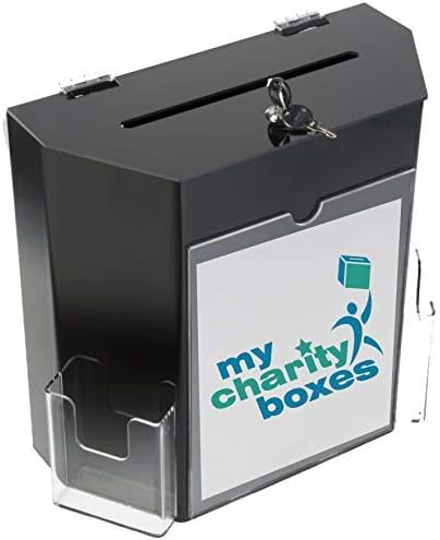 Charity Donation Acrylic Ballot Box w/Display Frame, Lock & 2 Pockets, Wall mounting or Tabletop (Black, Small)