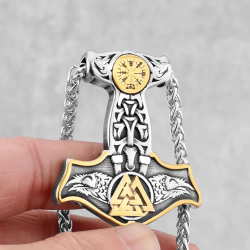 LOBON Viking Thor Hammer Necklace Nordic Vegvisir Valknut Symbol Pendant Stainless Steel Norwegian Amulet Jewelry Gift for Men Women2