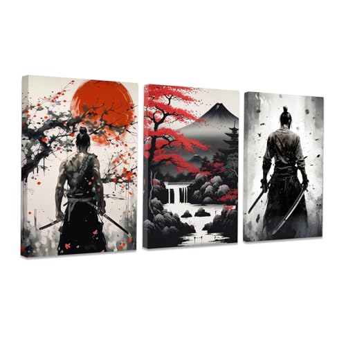 Image of CCWACPP 3 Piece Samurai Wall Art Japan Painting Canvas Print Warrior Figure Pictures Bushido Posters Japanese Culture Theme Artwork Home Room Decor Framed (C, (16 inchx24 inchx3))