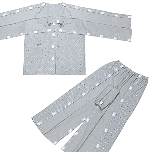 COSMOS_K お世話しやすい機能的介護パジャマ 介護ねまき メンズ 男性用 紳士 サッと開閉 ラグラン袖で動きやすい マジックテープ 上下セット 方形水玉柄 グレー 灰色