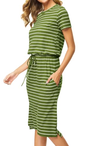 Image of Simier Fariry Womens Summer Hide Belly Knee Length Travel Dress Pocket Short Sleeve Midi Work Casual Outfits