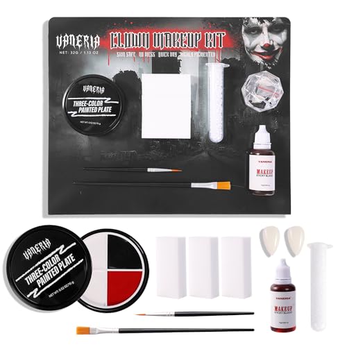 VANERIA Maquilhagem de palhaço para Halloween, pintura facial e corporal em creme preto, branco e vermelho para o Halloween, conjunto de maquilhagem SFX com dentes de vampiro e sangue falso