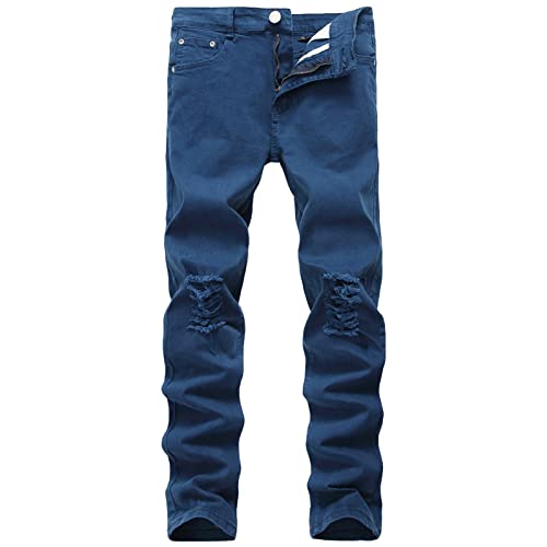 Men's Ripped Distressed Destroyed Jeans Stretch Vintage Hip Hop Jean with Holes Straight Leg Slim Fit Denim Pants (Blue 1,29)