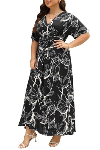 Keluummi Maxikleider für Hochzeitsgäste in Übergröße für kurvige Frauen, Sommer-Boho-Blumenmuster, langes Wickelkleid, 3/4-Ärmel,...