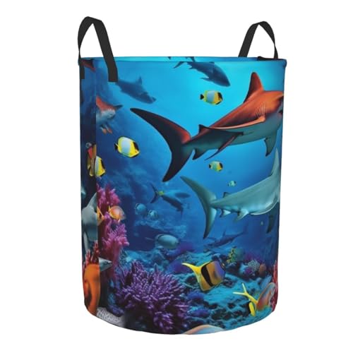 Fish Sharks Coral print Circular Hamper Waterproof Storage Bin Organizer Basket Laundry Hamper With Handles For Clothes Toys Small