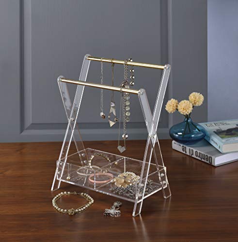 Qgoods Clear Acrylic Plastic Hand Crafted Customized X-Design Gold Metal Bar Jewelry Display Stand Organizer With 2 Sectioned Storage Tray #TOP4