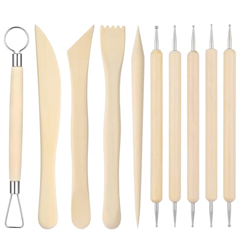 LLOUSSAK 10 Stück Doppelseitige Modellierwerkzeug, Töpferwerkzeug Set, Holz Keramik Ton Werkzeuge für Töpfern Zuhause, DIY-Handwerk,Schnitzereien