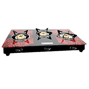 MILTON Premium 3 Burner Red Manual Ignition LPG Glass Top Gas Stove, (ISI Certified)