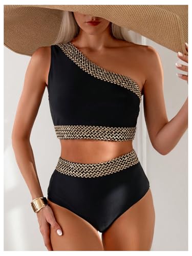 Milumia Women's Two Piece High Waisted Bikini Set Strap One Shoulder Stitch Colorblock Swimsuit2