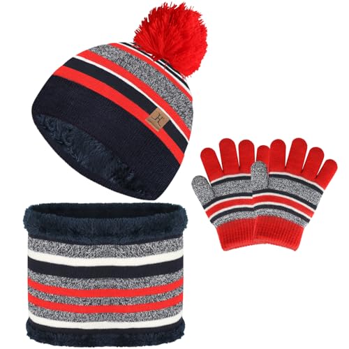 Kids Winter Hat, Scarf & Gloves Set - Knit Beanie Hat, Fleece Lined for 3-8 Year Olds