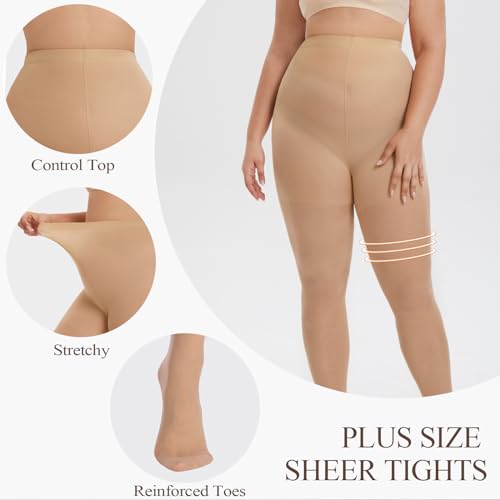 Image of YAGAXI 2 Pairs Plus Size Sheer Tights for Women - 20D Women's Control Top Pantyhose Reinforced Toe