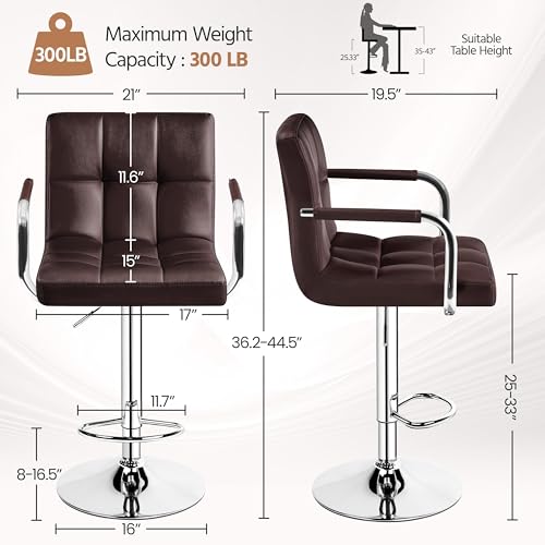 Image of Yaheetech Bar Stools Set of 4, Swivel with Backs, Adjustable Height, Brown