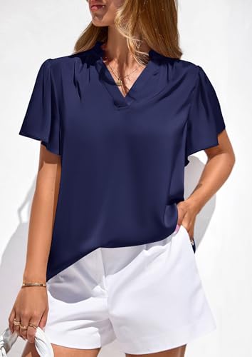 PRETTYGARDEN Women's 2026 Summer Satin Blouses Dressy Casual Ruffle Cap Sleeve V Neck Business Work Cute Tops Spring Outfits (Royal Blue,Small) — view 2