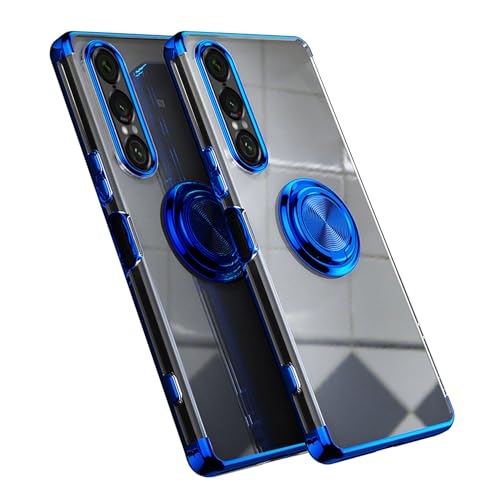 Sony Xperia 1 VII 用 ケース SO-51F SOG15 XQ-FS44 カバー 透明TPU 耐衝撃 青メッキ加工 リング ストラップホール付き スタンド機能 車載ホルダー対応 滑り止め 落下防止 ソニーエクスペリア 1 VII カバー(ブ