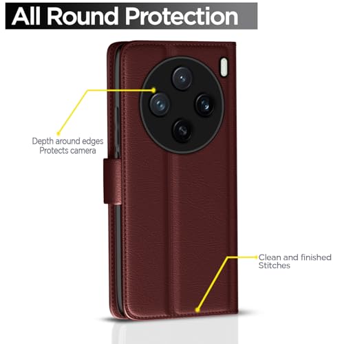 Image of Pikkme Flip Cover Leather Finish | Inside TPU with Card Pockets | Wallet Stand and Shock Proof | Complete Protection Button Flip Case for Vivo X200 5G(Brown)