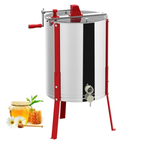 UISEBRT Estrattore di miele manuale in acciaio inox 4 nidi d'ape | Estrattore di miele centrifuga con coperchio e supporto regolabile 101-111cm | Pressa per miele manuale per apicoltori | Ø 48cm
