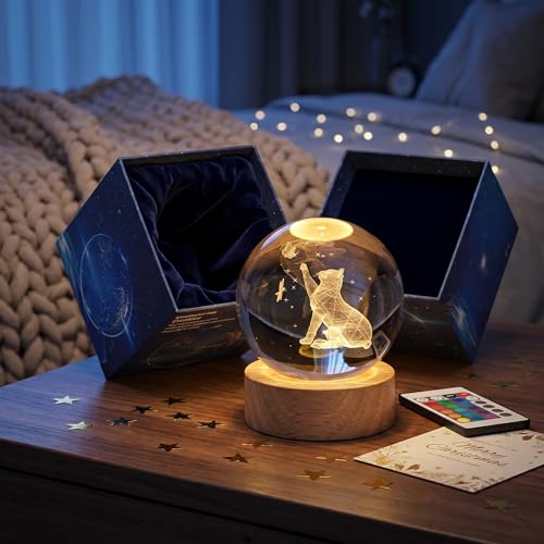 Image of Cat Gifts for Cat Lovers for Women, Large 3D Night Light, Crystal Lamp 16 Color Changing with Remote Control for Bedroom Decor, Play with Butterfly