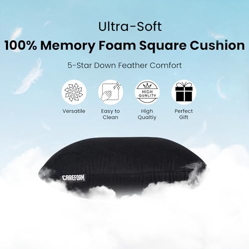 Image of CareFoam Memory Foam Square Cushion for Car, Sofa /Diwan, Bed, Chair & Decoration | Highly Durable, Hypoallergenic | 14 inchx 14 inch x 4 inch | Velvet Cover | Black, Pack of 5