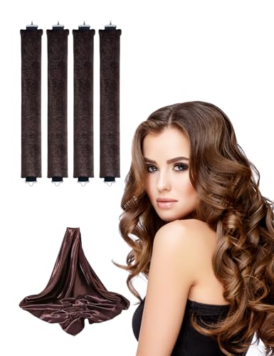 No Heat Curling Rod with Scarf, Velvet Hair Curlers to Sleep in Overnight Curls with Hook Blowout Rods Headband with Silk Scarf Curl Styling Kit for Long Medium Short Hair (4 coffee+Scarf, count)