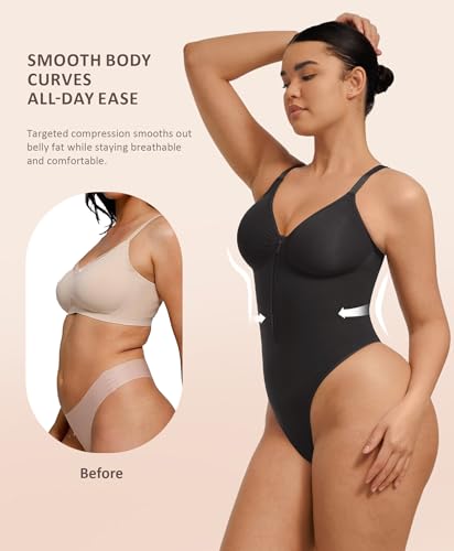 FeelinGirl Shapewear Bodysuits Tummy Control for Women: Seamless Zip-Up Thong Snatched Waist Body Suit V Neck Body Shaper Black X-Large4