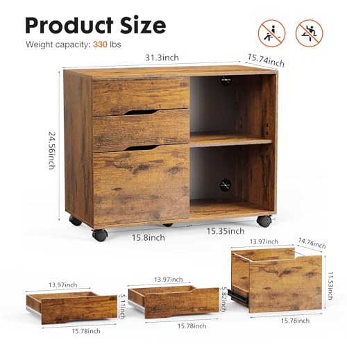 Image of Simple Deluxe 3 Drawer Rolling File Cabinet, Wood Printer Stand with Adjustable Shelf for Home Office Study Organizatiom, Brown