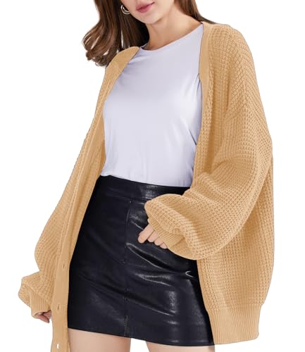Image of QUALFORT Women's Oversized 100% Cotton Cardigan Sweater | Long Sleeve V Neck Button Down Open Front Knit Outerwear
