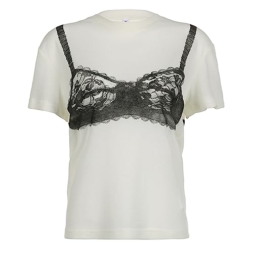 y2k Loose White T-Shirt Chic Lace See-Through Corset Print Short Sleeve Crewneck Women's Crop Top Casual Streetwear Tees