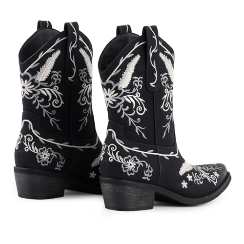 Image of LingxiaUne Cowboy Boots for Women Floral Cowgirl Boots with Pointed Toe and Chunky Heel Mid Calf Western Boot for Concert Festival Country Night Party