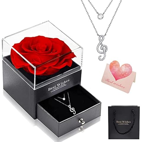 TITSHOP Ewige echte Rose Handgefertigte Konservierte Rose Schmuck Geschenkbox mit 925 Silber Anhänger Halskette,Rosen Blume Geschenk für Valentinstag Hochzeit Jahrestag Muttertag Geburtstags Cover