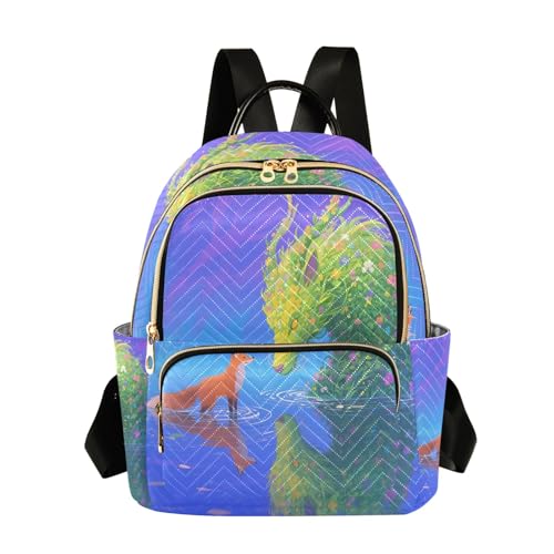 Nexawaveo Mochila acolchada para mujer, bolsa de mano para laptop de 14 pulgadas, ligera, estilo folclórico, color azul búho, Fox and Green Dragon, pequeño, Mochilas de mochila