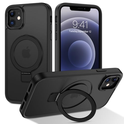 DOMAVER Case for iPhone 12 Mini, Magnetic [Compatible with mag-safe] Stand Holder Shockproof Matte Cover Anti-Yellowing Cover Hard Slim Frosted Matte Phone Cases for iPhone 12 Mini 5.4", Black
