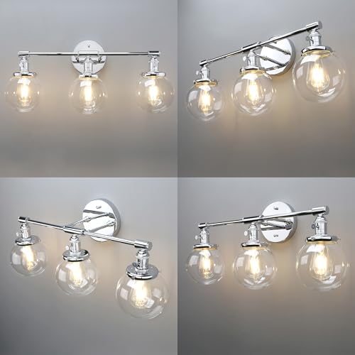 Image of Phansthy 3-Light Wall Sconces Antique Brass Vanity Light, Industrial Wall Lamps with On Off Switch and Clear Glass Lampshade, Vintage Wall Lighting for Bathroom Living Room (Chrome, Globe Shade)