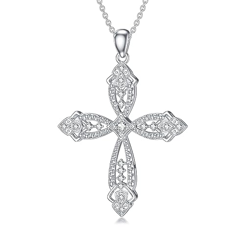Cross Diamond Necklace Lab Grown Diamond Cross Necklace Sterling Silver Vintage Cross Necklace for Women Religious Cross Pendant Platinum Plated Silver (D Color, VVS Clarity)
