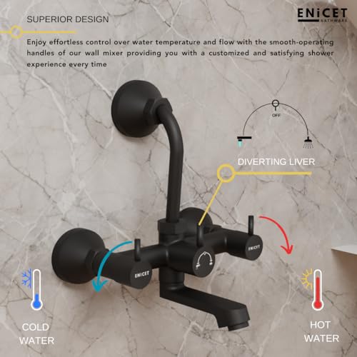 Image of ENICET Brass Wall Mixer with Shower | Matte Black | 190mm Long L Bend Pipe | Wall Mixer for Bathroom | Shower Mixer Set for Bathroom | 7 Year Warranty | Hot and Cold Water Tap (FE121SBlack)