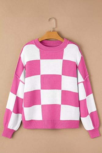 Image of Women's Casual Crew-Neck Long Sleeve Sweater Checkered Pullover Knit Sweaters Jumper Top