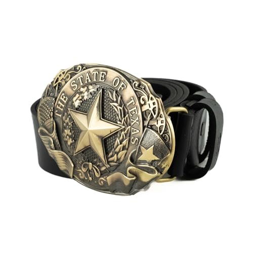 Leather Belt with Texas State Solid brass belt buckle, Texas star, The Lone Star State large buckle, Texas seal, Western Cowboy heavy-duty cowhide belt