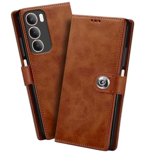 Image of Genuine Leather Inside Back TPU Wallet Button | Magnetic Stand Dual Layer Flip Cover for Compatible Model with Realme RMX3943 / C75 / C73 5G - Brown