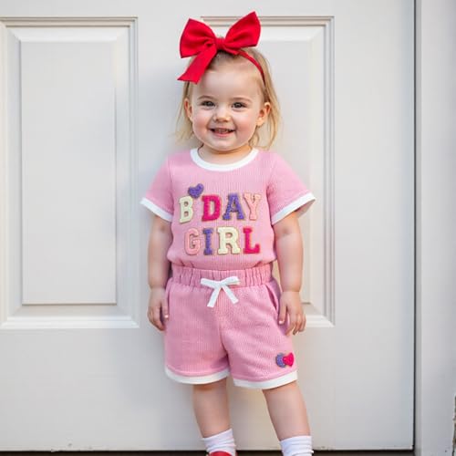 Babieshouse Baby Girl Birthday Outfits Waffle Short Sleeve Birthday Girl Shirt and Elastic Shorts Set Toddler Summer Clothes2