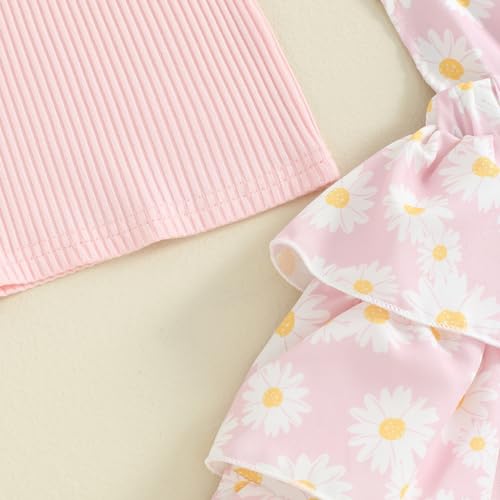 Image of Toddler Baby Girl Summer Clothes Kids Short Sleeve Solid T-Shirt Ruffle Daisy Skirts Overalls Dress Outfit 18M-6T