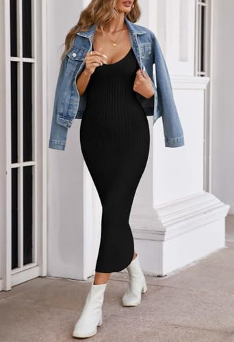 MEROKEETY Womens 2025 Summer V Neck Knit Midi Dress Bodycon Casual Sleeveless Ribbed Party Sweater Dresses3