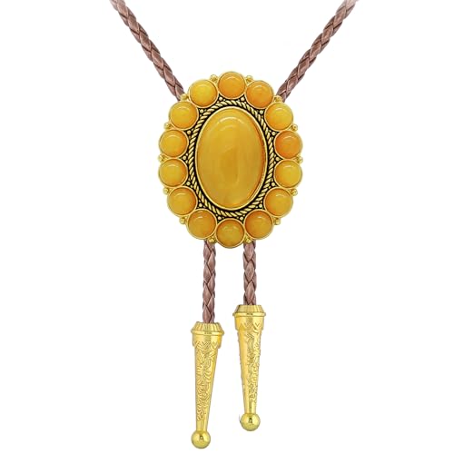 Image of GelConnie Gold Bolo Tie Necklace for Women Adjustable Big Stone Brown Cord | Yellow Oval Stone Bolo Tie Brown Leather Cord Southwestern Country Style Retro Costume Western Cowboy Necktie for Men Women