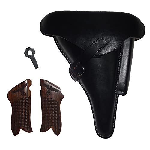 Étui Luger P08 rigide en cuir noir DVR42 avec crosse en bois et outil