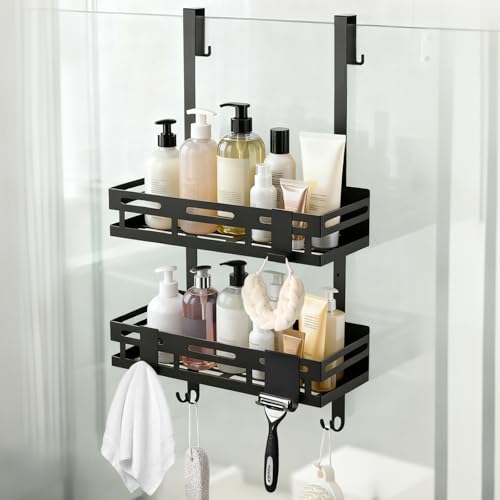 MDDK DY Étagère de Douche sans Perçage Noire – Panier de Douche Suspendu pour Porte en Verre, 2 Niveaux avec 4 Crochets Fixes, 2 Crochets Mobiles et...