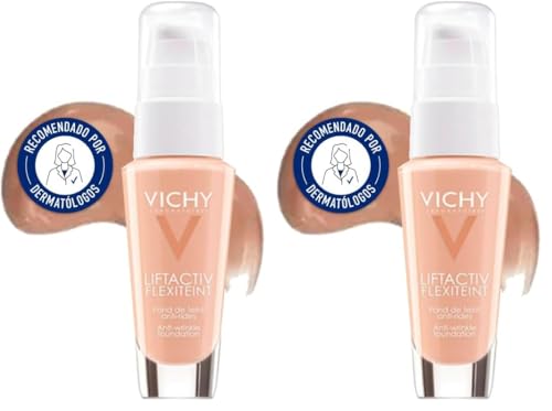 Vichy Base de Maquillaje Líquida Antiarrugas, Tez Uniforme y Radiante, Reduce las Arrugas, Con Efecto Lifting, Para Pieles Maduras, Liftactiv Flexiteint, Tono: 45 Gold, 30 ml (Paquete de 2)