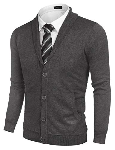 COOFANDY Mens Smart Cardigan Sweaters Shawl Collar Button Up Knitwear Thin Sweater (Grey L)