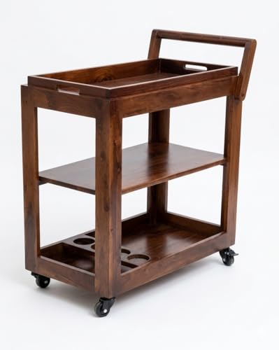 Image of Solid Wood 3-Tier Rolling Bar Cart | Mobile Kitchen Island & Serving Trolley with Removable Top Tray & Integrated Bottle Holder Wine Serving Trolley| Brown Finish