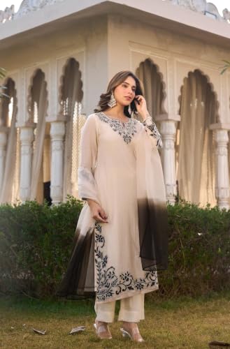 Image of GoSriKi Kurta Sets for Women Viscose Embroidered | Kurti Set for Woman | Straight Kurta Palazzo Dupatta Set | 3 Piece Set Women | Round Neck V-Slit Full Sleeve Stylish Ethnic Outfit Clothing